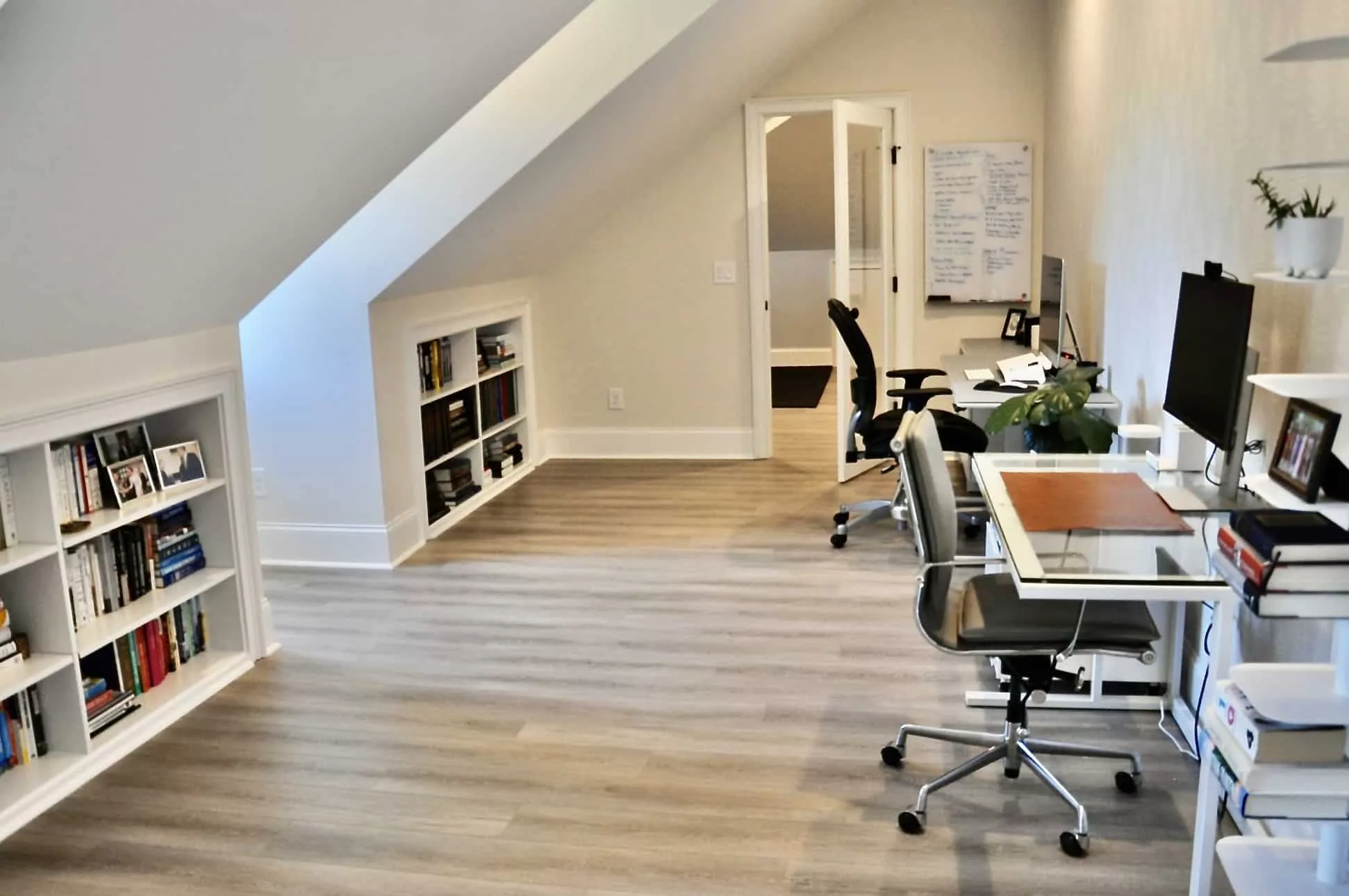A finished attic home office designed for focus, comfort, and productivity.
