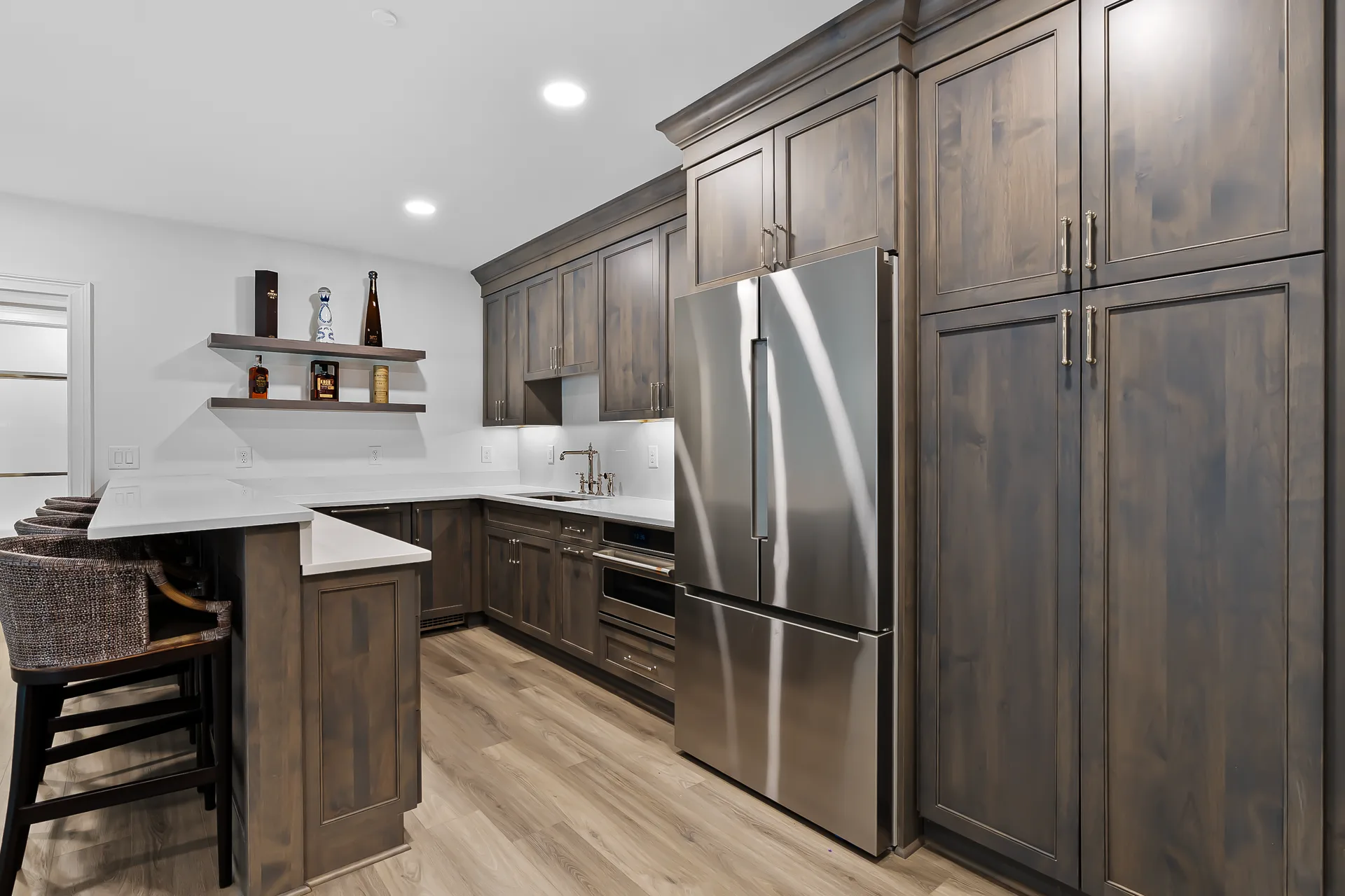 A finished basement entertainment space